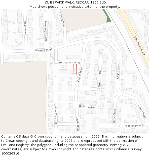 15, BERWICK WALK, REDCAR, TS10 2LD: Location map and indicative extent of plot