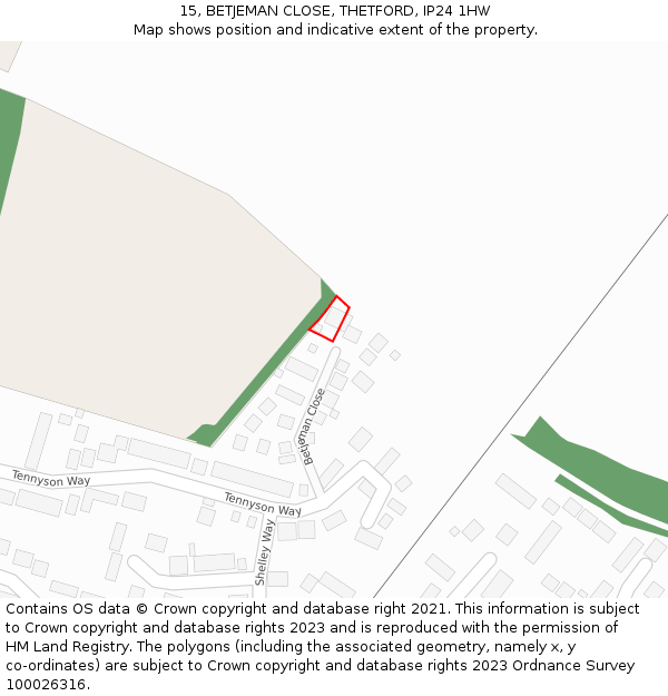 15, BETJEMAN CLOSE, THETFORD, IP24 1HW: Location map and indicative extent of plot