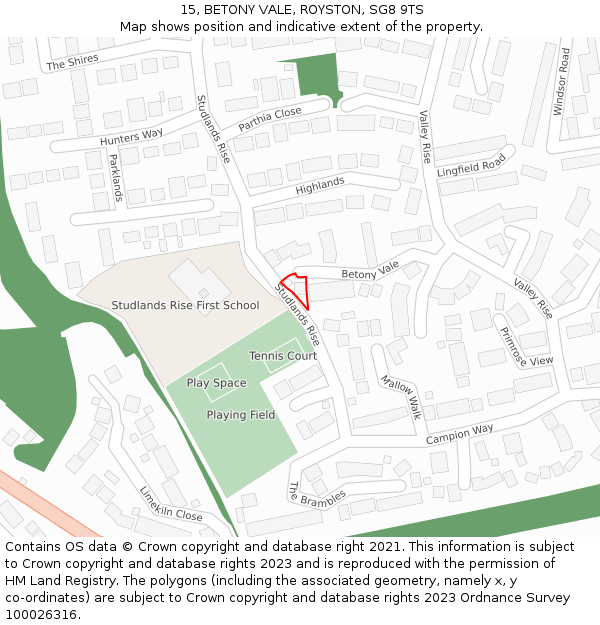 15, BETONY VALE, ROYSTON, SG8 9TS: Location map and indicative extent of plot