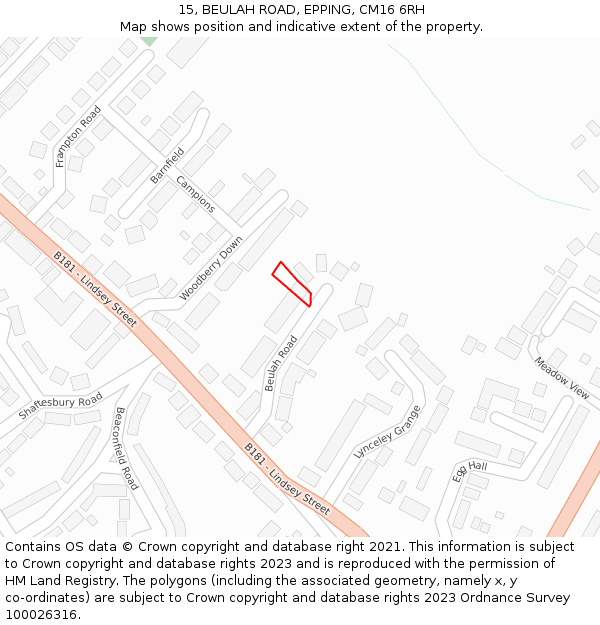 15, BEULAH ROAD, EPPING, CM16 6RH: Location map and indicative extent of plot