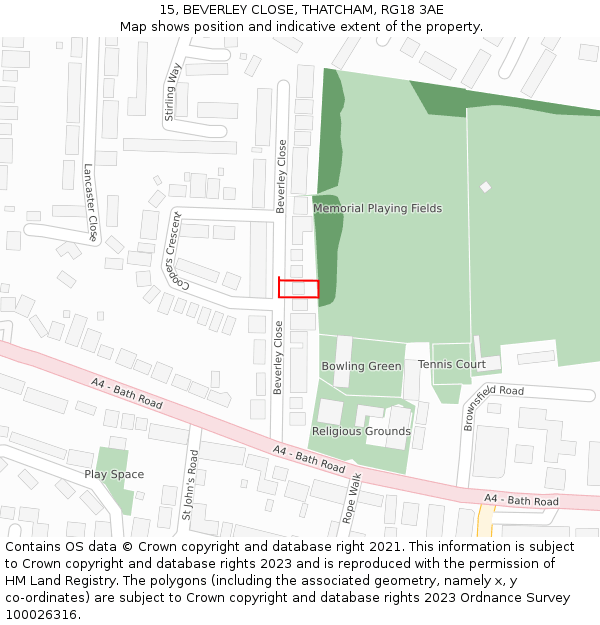 15, BEVERLEY CLOSE, THATCHAM, RG18 3AE: Location map and indicative extent of plot