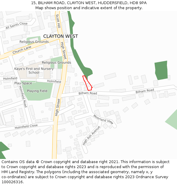 15, BILHAM ROAD, CLAYTON WEST, HUDDERSFIELD, HD8 9PA: Location map and indicative extent of plot