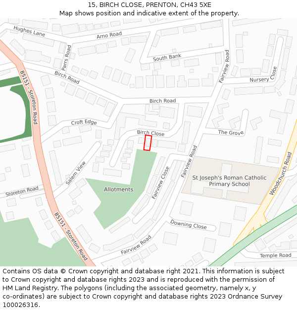 15, BIRCH CLOSE, PRENTON, CH43 5XE: Location map and indicative extent of plot