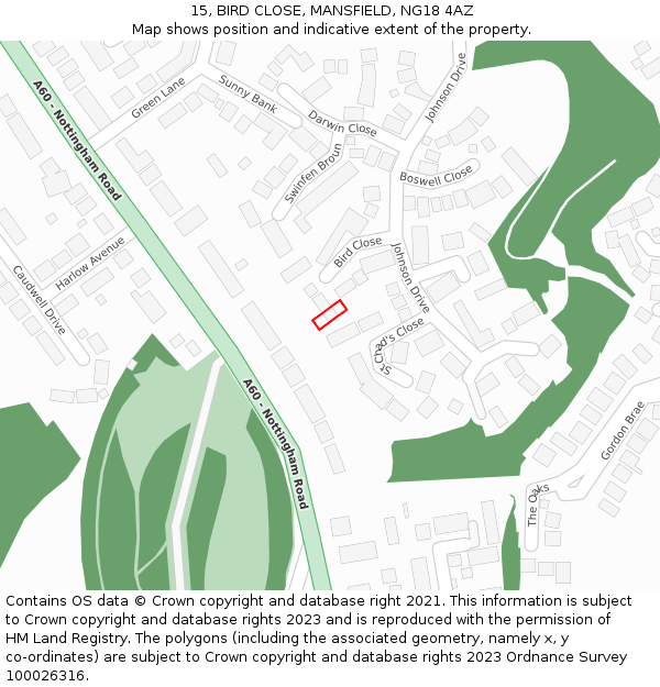 15, BIRD CLOSE, MANSFIELD, NG18 4AZ: Location map and indicative extent of plot