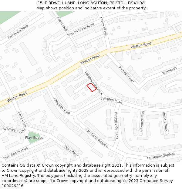 15, BIRDWELL LANE, LONG ASHTON, BRISTOL, BS41 9AJ: Location map and indicative extent of plot