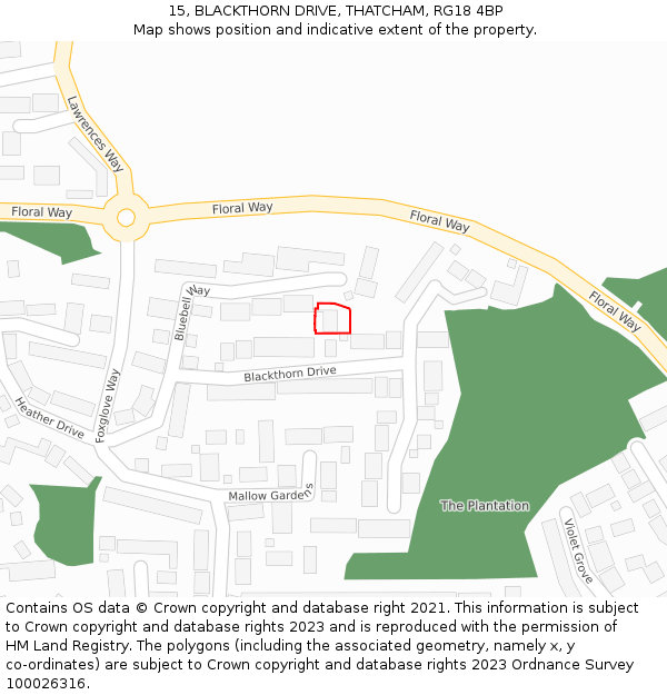 15, BLACKTHORN DRIVE, THATCHAM, RG18 4BP: Location map and indicative extent of plot