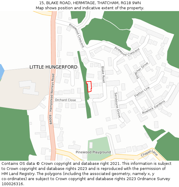 15, BLAKE ROAD, HERMITAGE, THATCHAM, RG18 9WN: Location map and indicative extent of plot