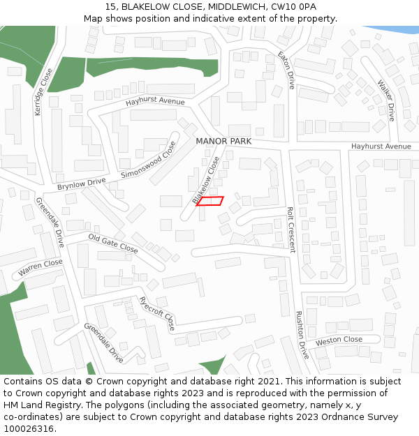 15, BLAKELOW CLOSE, MIDDLEWICH, CW10 0PA: Location map and indicative extent of plot
