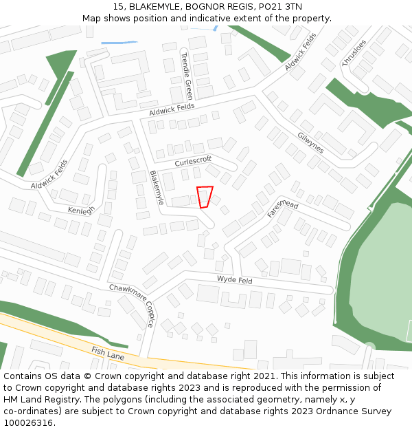 15, BLAKEMYLE, BOGNOR REGIS, PO21 3TN: Location map and indicative extent of plot