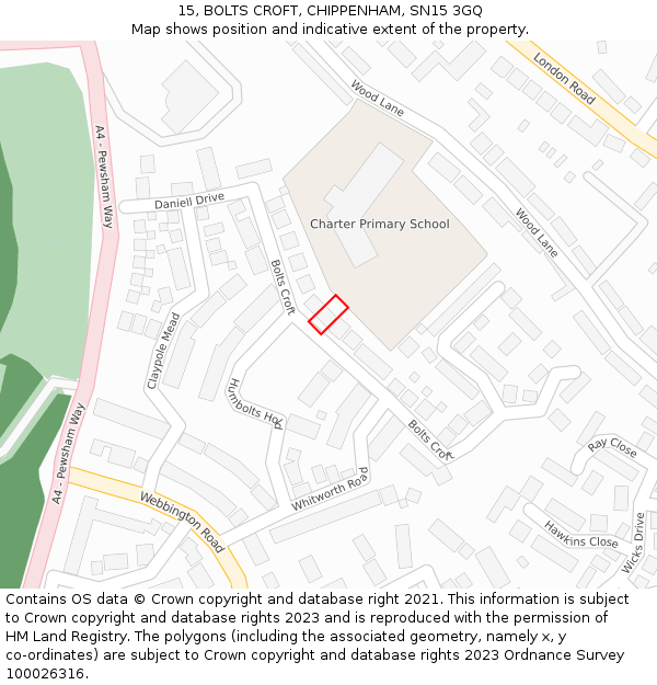 15, BOLTS CROFT, CHIPPENHAM, SN15 3GQ: Location map and indicative extent of plot