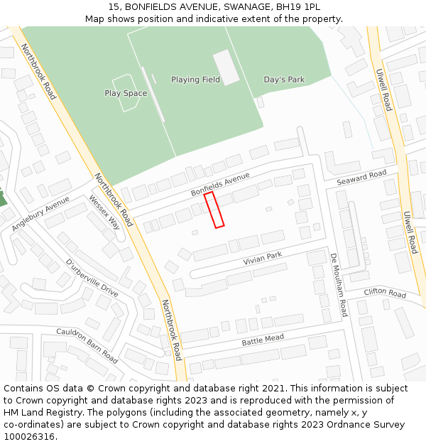 15, BONFIELDS AVENUE, SWANAGE, BH19 1PL: Location map and indicative extent of plot