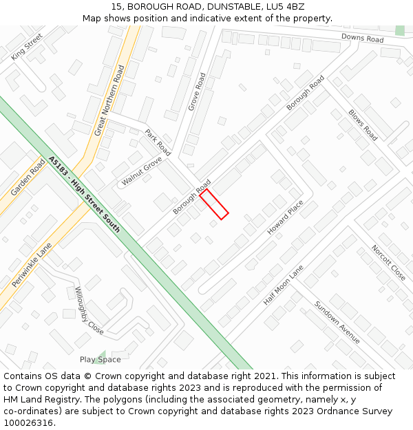 15, BOROUGH ROAD, DUNSTABLE, LU5 4BZ: Location map and indicative extent of plot