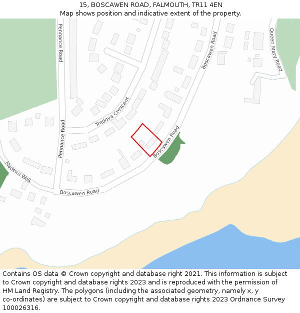 15, BOSCAWEN ROAD, FALMOUTH, TR11 4EN: Location map and indicative extent of plot