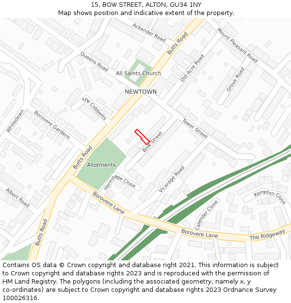15, BOW STREET, ALTON, GU34 1NY: Location map and indicative extent of plot