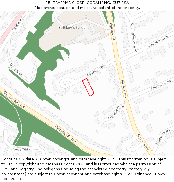 15, BRAEMAR CLOSE, GODALMING, GU7 1SA: Location map and indicative extent of plot