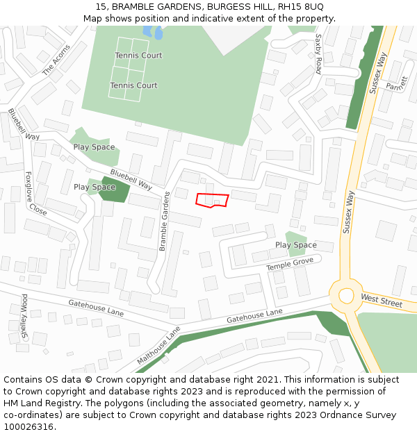 15, BRAMBLE GARDENS, BURGESS HILL, RH15 8UQ: Location map and indicative extent of plot