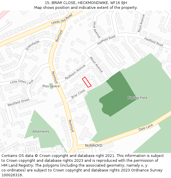 15, BRIAR CLOSE, HECKMONDWIKE, WF16 9JH: Location map and indicative extent of plot