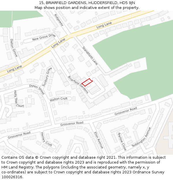 15, BRIARFIELD GARDENS, HUDDERSFIELD, HD5 9JN: Location map and indicative extent of plot