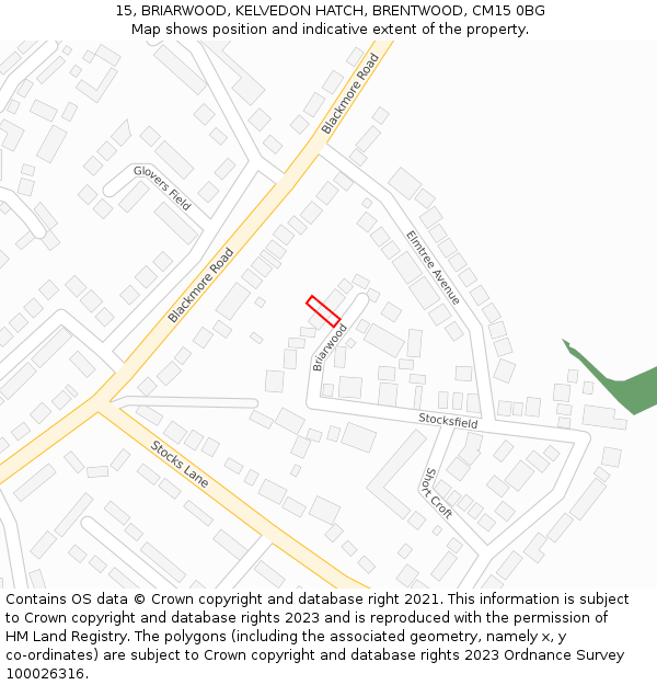 15, BRIARWOOD, KELVEDON HATCH, BRENTWOOD, CM15 0BG: Location map and indicative extent of plot