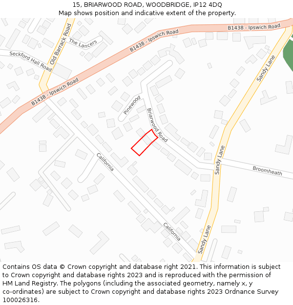 15, BRIARWOOD ROAD, WOODBRIDGE, IP12 4DQ: Location map and indicative extent of plot