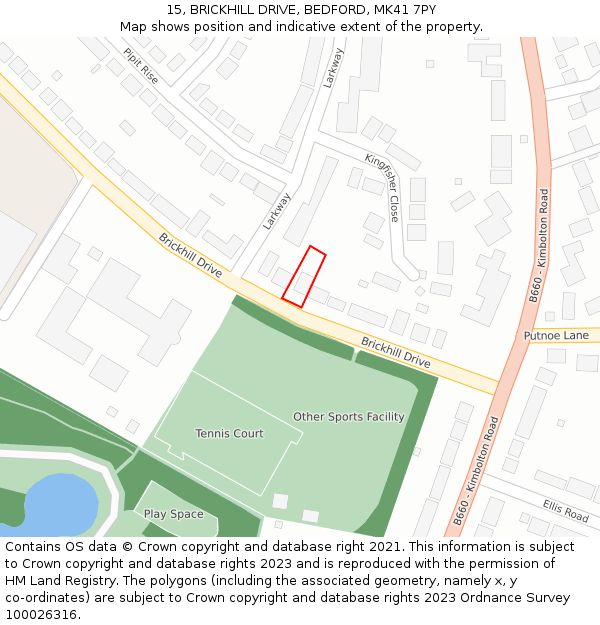 15, BRICKHILL DRIVE, BEDFORD, MK41 7PY: Location map and indicative extent of plot