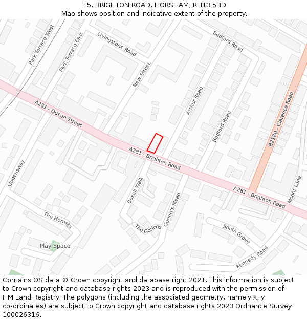 15, BRIGHTON ROAD, HORSHAM, RH13 5BD: Location map and indicative extent of plot