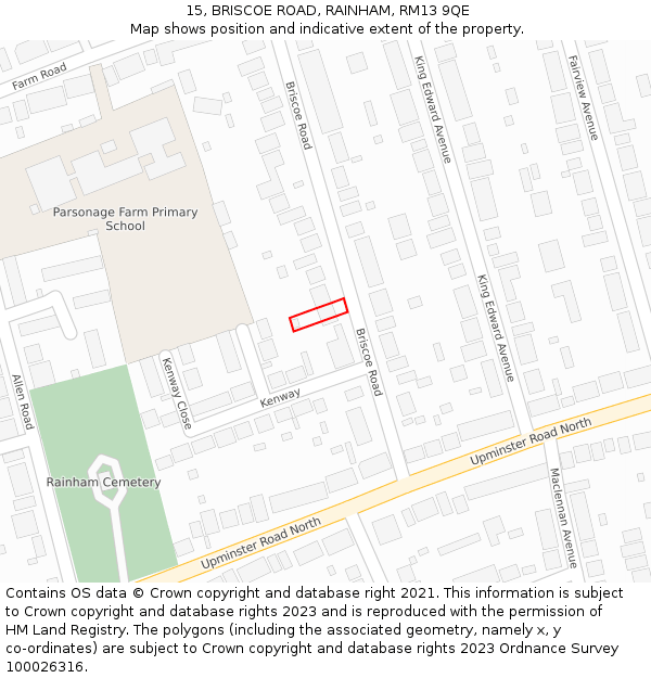 15, BRISCOE ROAD, RAINHAM, RM13 9QE: Location map and indicative extent of plot
