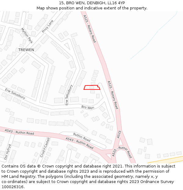 15, BRO WEN, DENBIGH, LL16 4YP: Location map and indicative extent of plot