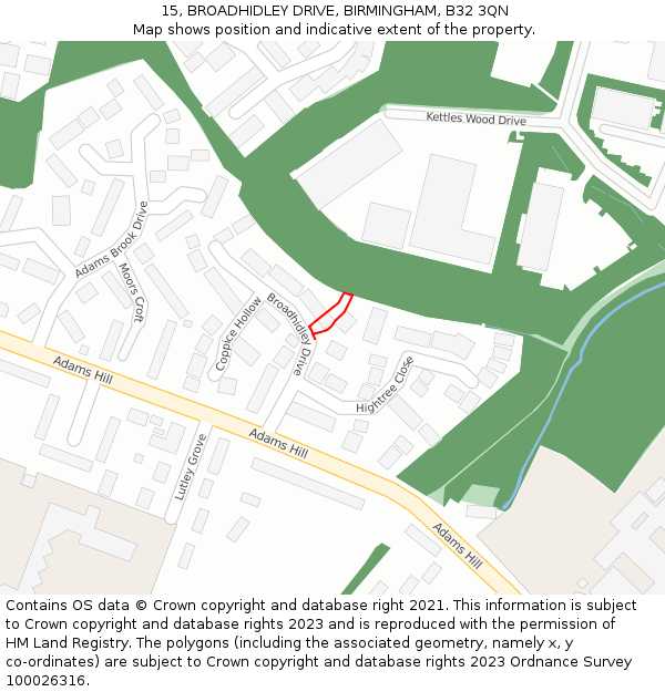 15, BROADHIDLEY DRIVE, BIRMINGHAM, B32 3QN: Location map and indicative extent of plot