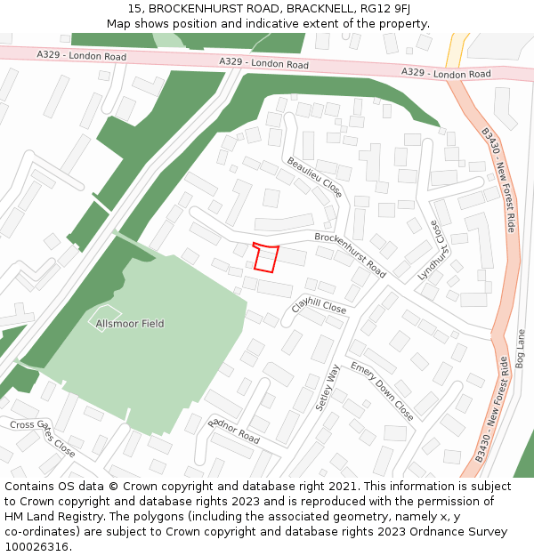 15, BROCKENHURST ROAD, BRACKNELL, RG12 9FJ: Location map and indicative extent of plot