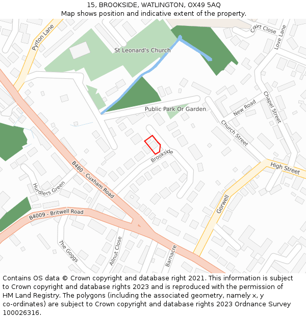 15, BROOKSIDE, WATLINGTON, OX49 5AQ: Location map and indicative extent of plot