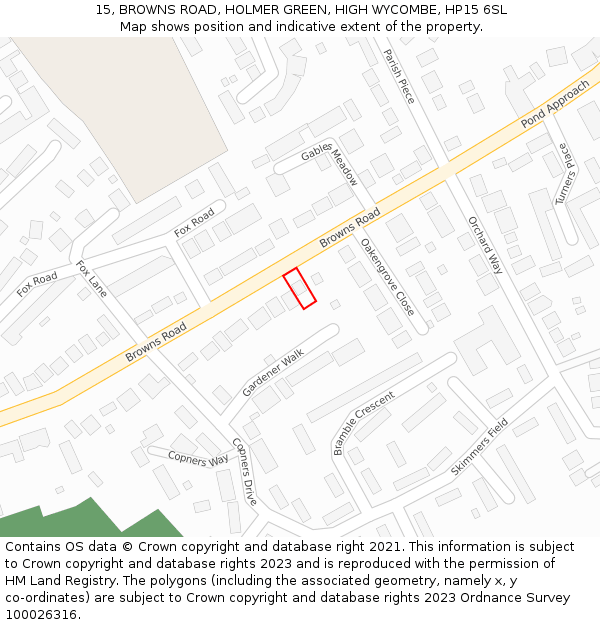 15, BROWNS ROAD, HOLMER GREEN, HIGH WYCOMBE, HP15 6SL: Location map and indicative extent of plot