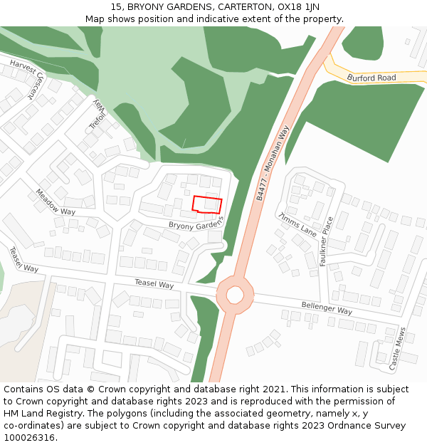 15, BRYONY GARDENS, CARTERTON, OX18 1JN: Location map and indicative extent of plot