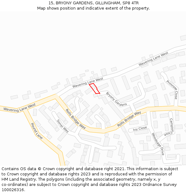 15, BRYONY GARDENS, GILLINGHAM, SP8 4TR: Location map and indicative extent of plot