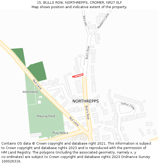 15, BULLS ROW, NORTHREPPS, CROMER, NR27 0LF: Location map and indicative extent of plot