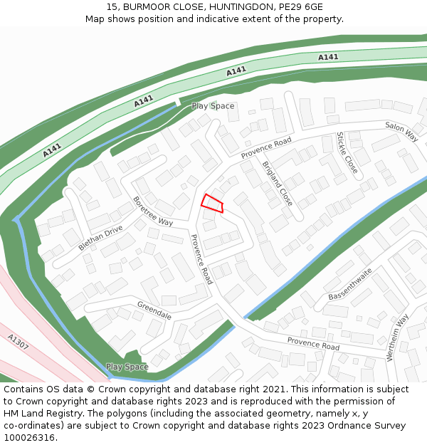 15, BURMOOR CLOSE, HUNTINGDON, PE29 6GE: Location map and indicative extent of plot