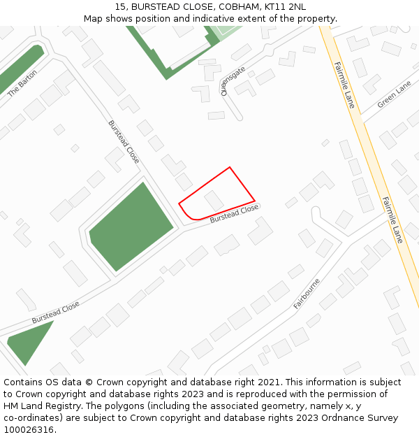 15, BURSTEAD CLOSE, COBHAM, KT11 2NL: Location map and indicative extent of plot