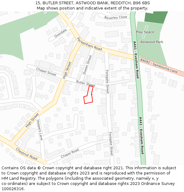 15, BUTLER STREET, ASTWOOD BANK, REDDITCH, B96 6BS: Location map and indicative extent of plot