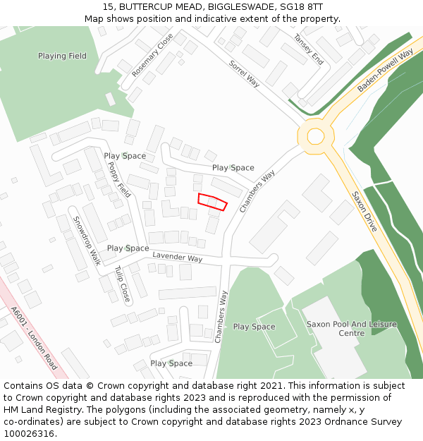 15, BUTTERCUP MEAD, BIGGLESWADE, SG18 8TT: Location map and indicative extent of plot