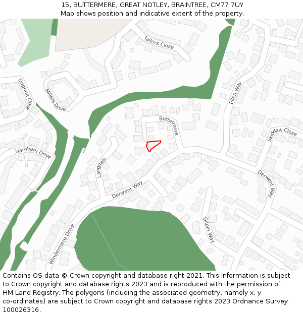 15, BUTTERMERE, GREAT NOTLEY, BRAINTREE, CM77 7UY: Location map and indicative extent of plot