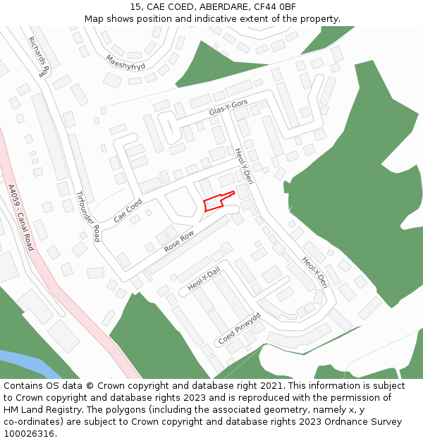 15, CAE COED, ABERDARE, CF44 0BF: Location map and indicative extent of plot