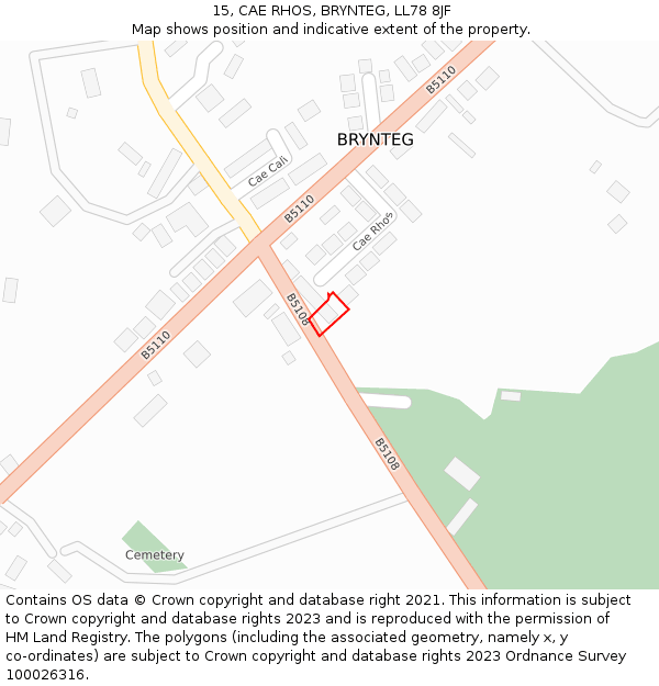 15, CAE RHOS, BRYNTEG, LL78 8JF: Location map and indicative extent of plot