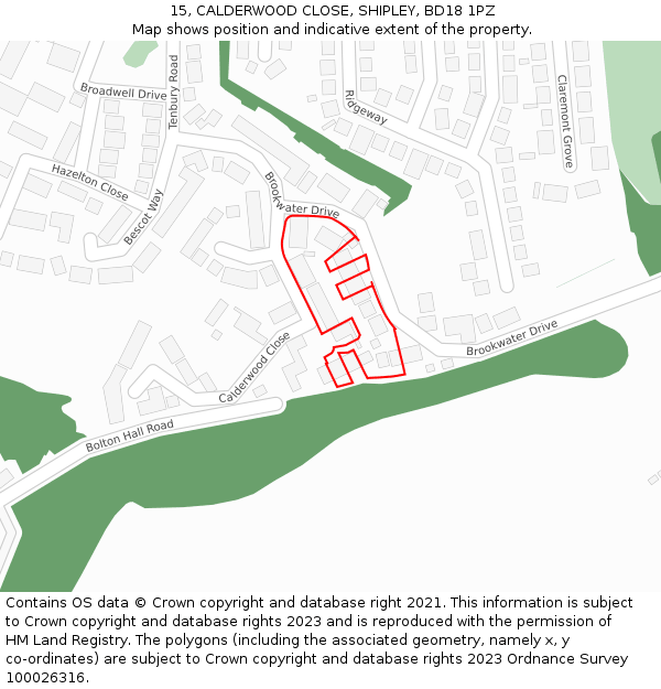15, CALDERWOOD CLOSE, SHIPLEY, BD18 1PZ: Location map and indicative extent of plot