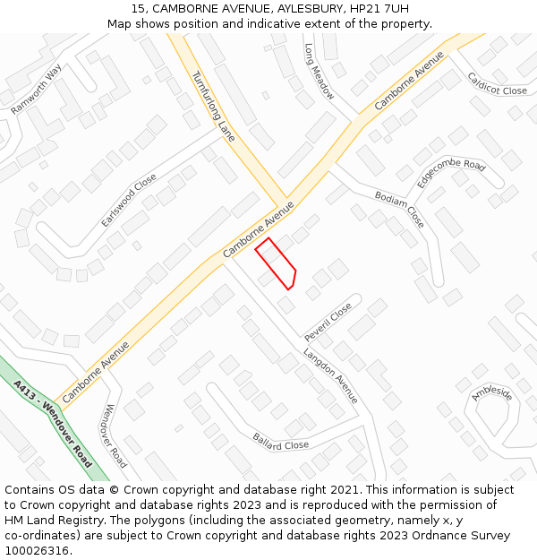 15, CAMBORNE AVENUE, AYLESBURY, HP21 7UH: Location map and indicative extent of plot
