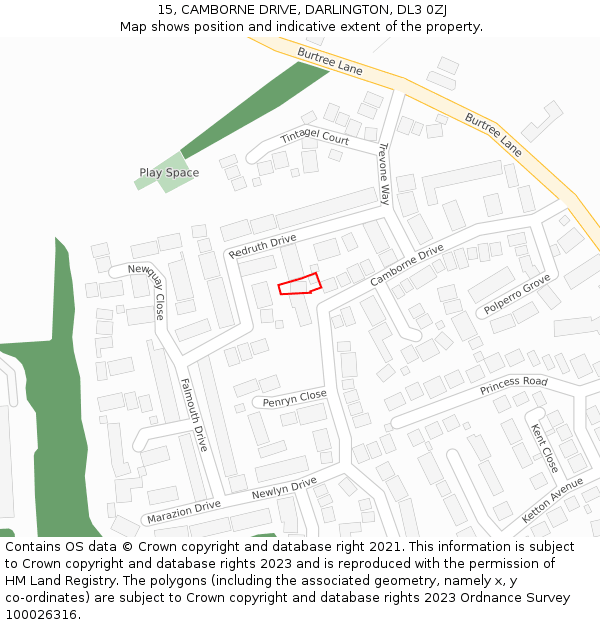 15, CAMBORNE DRIVE, DARLINGTON, DL3 0ZJ: Location map and indicative extent of plot