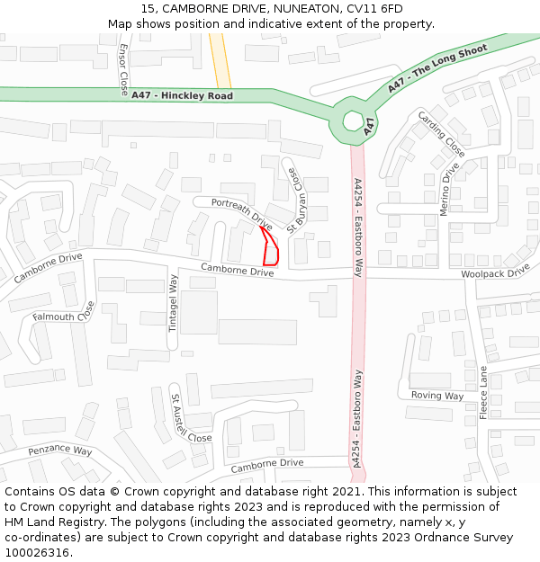 15, CAMBORNE DRIVE, NUNEATON, CV11 6FD: Location map and indicative extent of plot