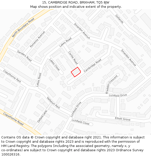 15, CAMBRIDGE ROAD, BRIXHAM, TQ5 8JW: Location map and indicative extent of plot