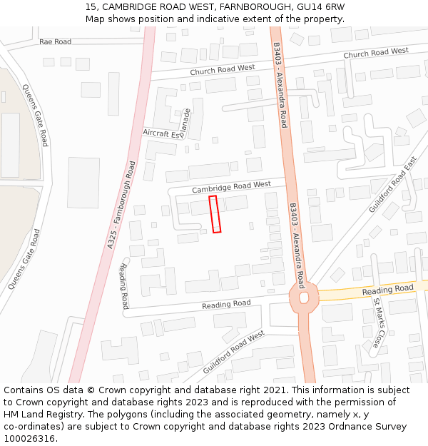 15, CAMBRIDGE ROAD WEST, FARNBOROUGH, GU14 6RW: Location map and indicative extent of plot