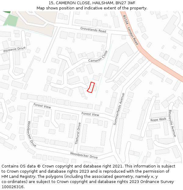 15, CAMERON CLOSE, HAILSHAM, BN27 3WF: Location map and indicative extent of plot