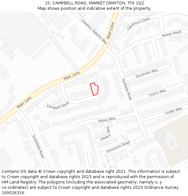 15, CAMPBELL ROAD, MARKET DRAYTON, TF9 1QZ: Location map and indicative extent of plot